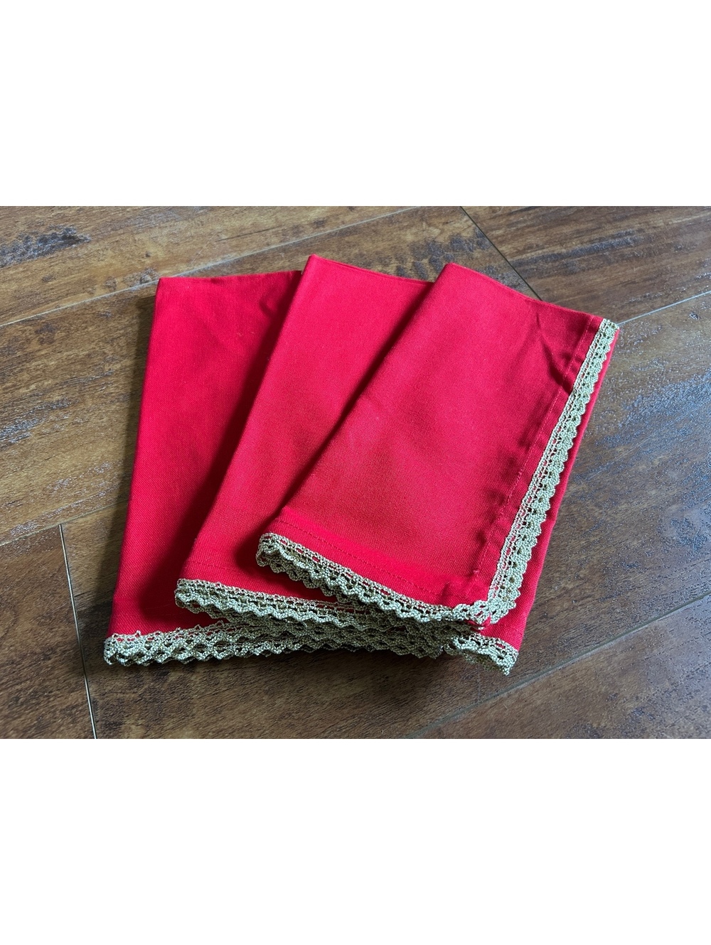 Vintage Red Cloth Napkins with Gold Crochet Trim - Set of 3